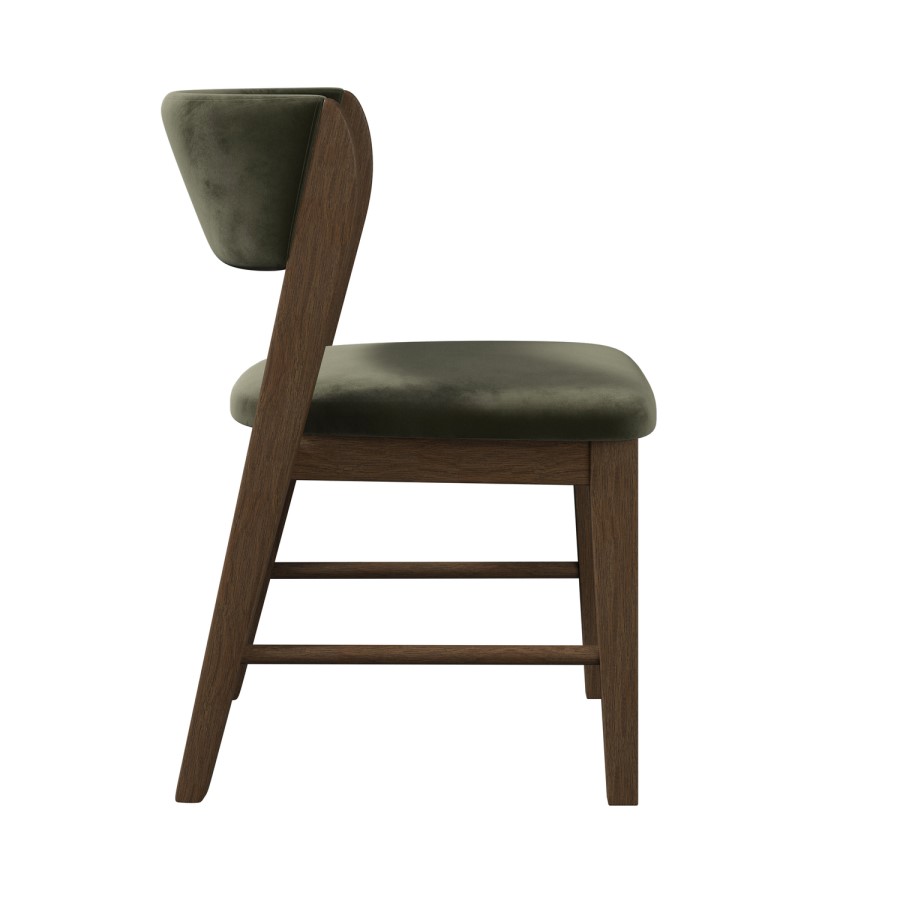 Set of 4 Green Velvet Curved Back Wooden Dining Chairs with Walnut Finish Legs - June
