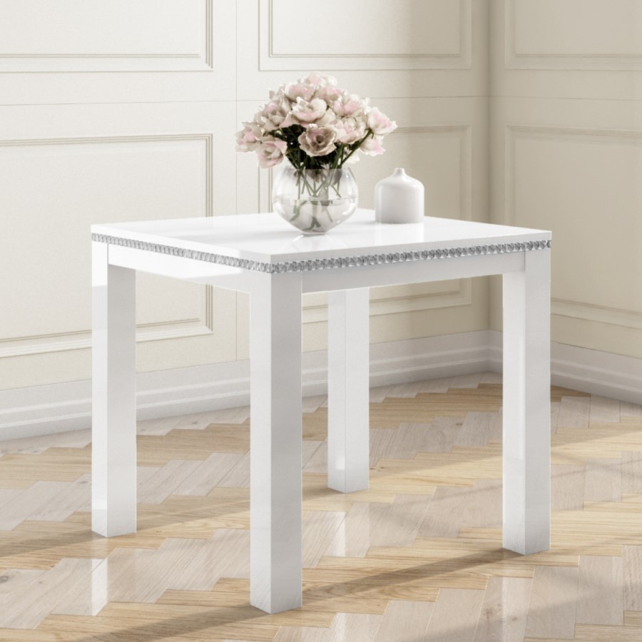 White Gloss 4 Seater Dining Table with Diamonds - Jewel