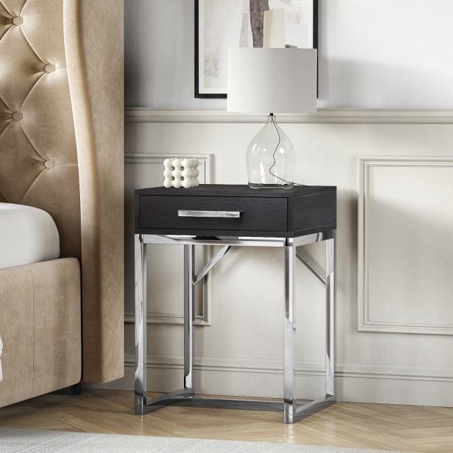 GRADE A1 - Black Modern Bedside Table with Drawer and Chrome Legs - Kaia