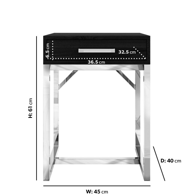 GRADE A1 - Black Modern Bedside Table with Drawer and Chrome Legs - Kaia