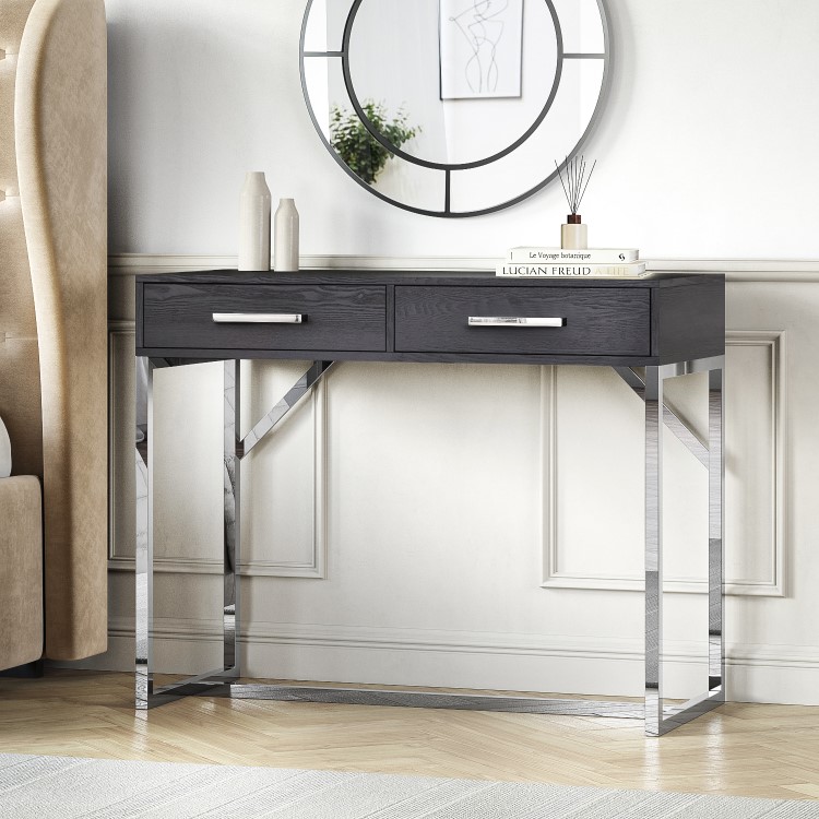 Black Modern Dressing Table with 2 Drawers and Chrome Legs - Kaia