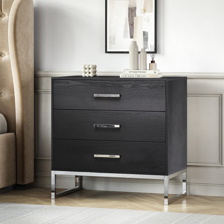 Black Modern Chest of 3 Drawers with Legs - Kaia