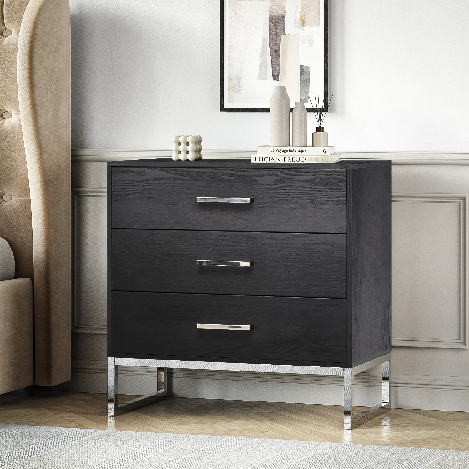 Photo of Black modern chest of 3 drawers with legs - kaia