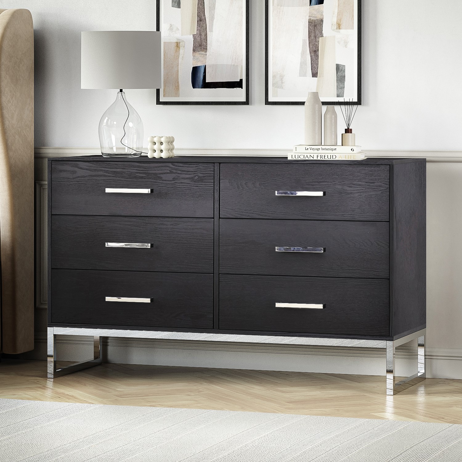 Photo of Wide black modern chest of 6 drawers with legs - kaia