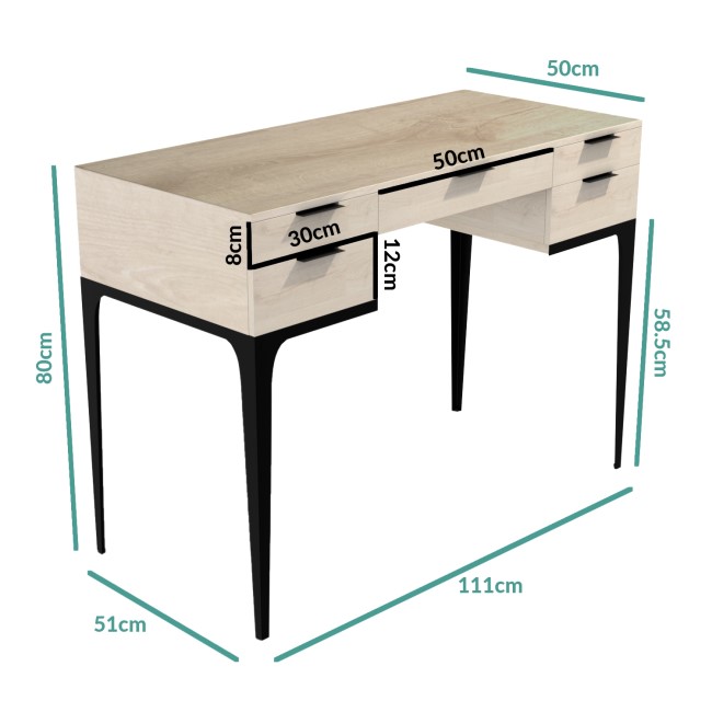 Modern Mango Wood Desk with 5 Drawers and Industrial Legs - Kai