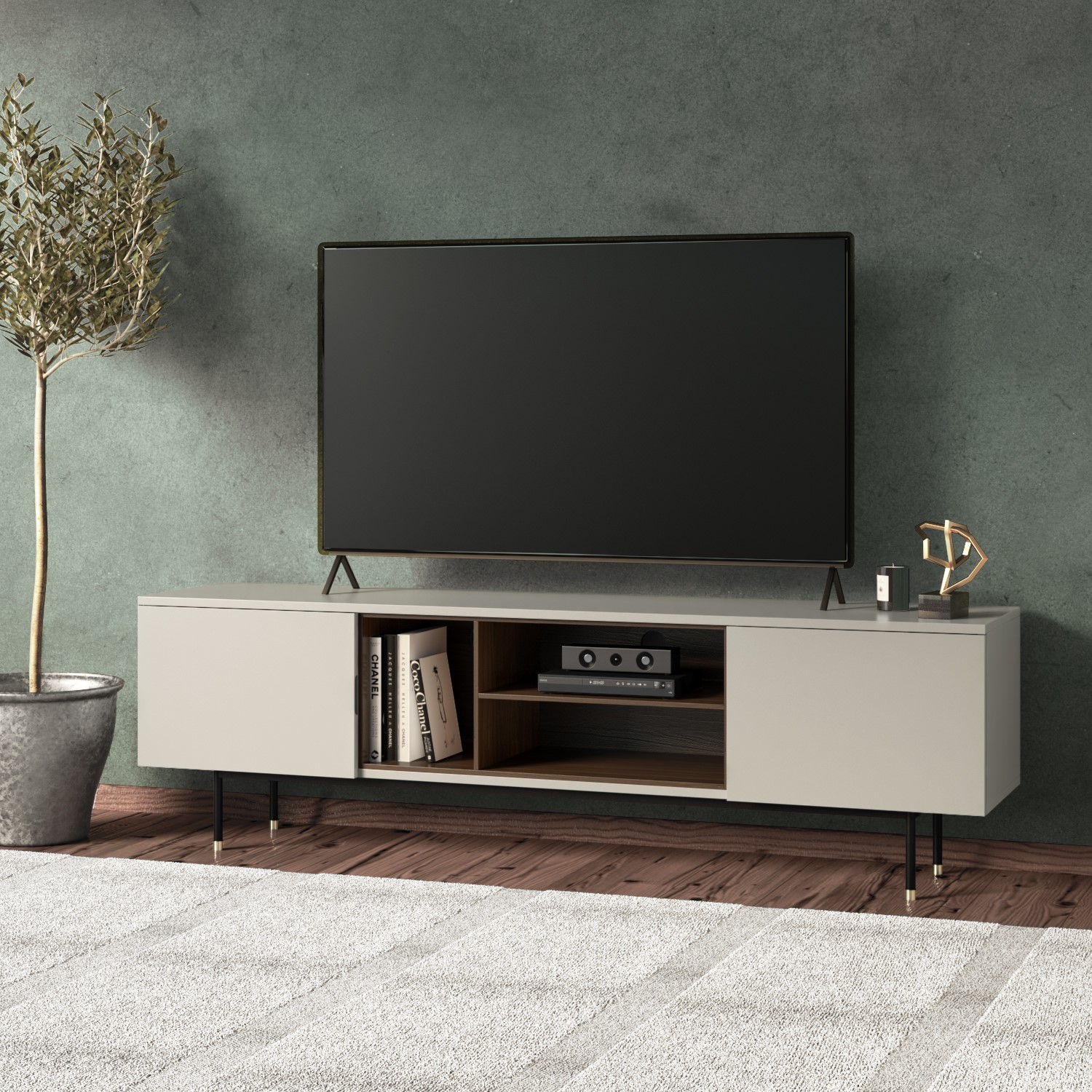Tv Unit In Taupe With Storage Shelves, Tv Stands Closed Shelving
