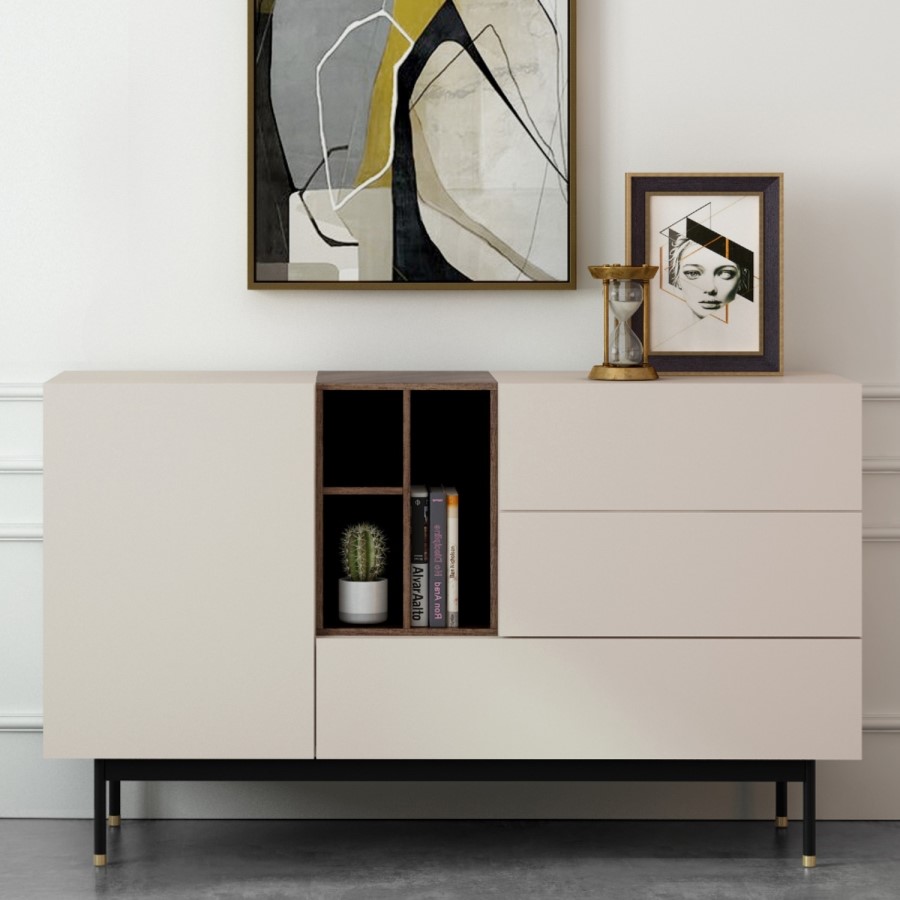 GRADE A1 - Large Sideboard in Taupe with Storage Drawers and Shelves - Kallen