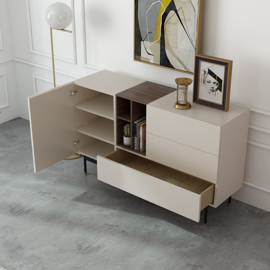 GRADE A1 - Large Sideboard in Taupe with Storage Drawers and Shelves - Kallen