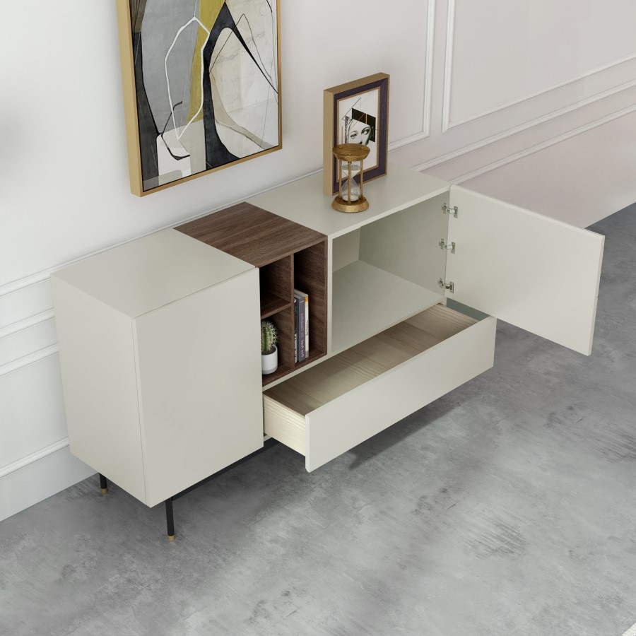 GRADE A1 - Large Sideboard in Taupe with Storage Drawers and Shelves - Kallen