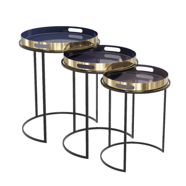 Set of 3 Tray Tables in Purple with Black & Gold Finish - Kaisa