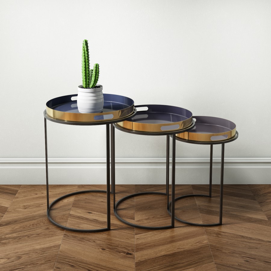 GRADE A1 - Set of 3 Tray Tables in Purple with Black & Gold Finish - Kaisa