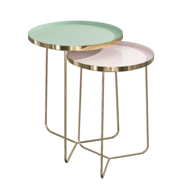 Gold Tray Tables with Green & Pink Top - Set of 2 - Kaisa