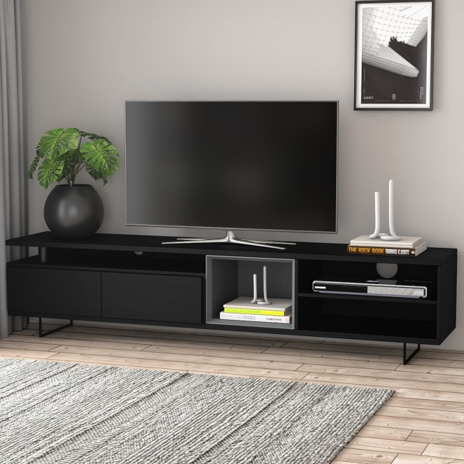 Large Black Oak Effect TV Unit with Storage - TVs up to 83" - Kael