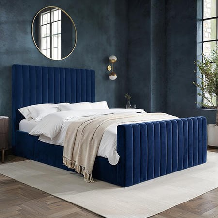 Side Opening Navy Blue Velvet Double Ottoman Bed - Khloe - Furniture123