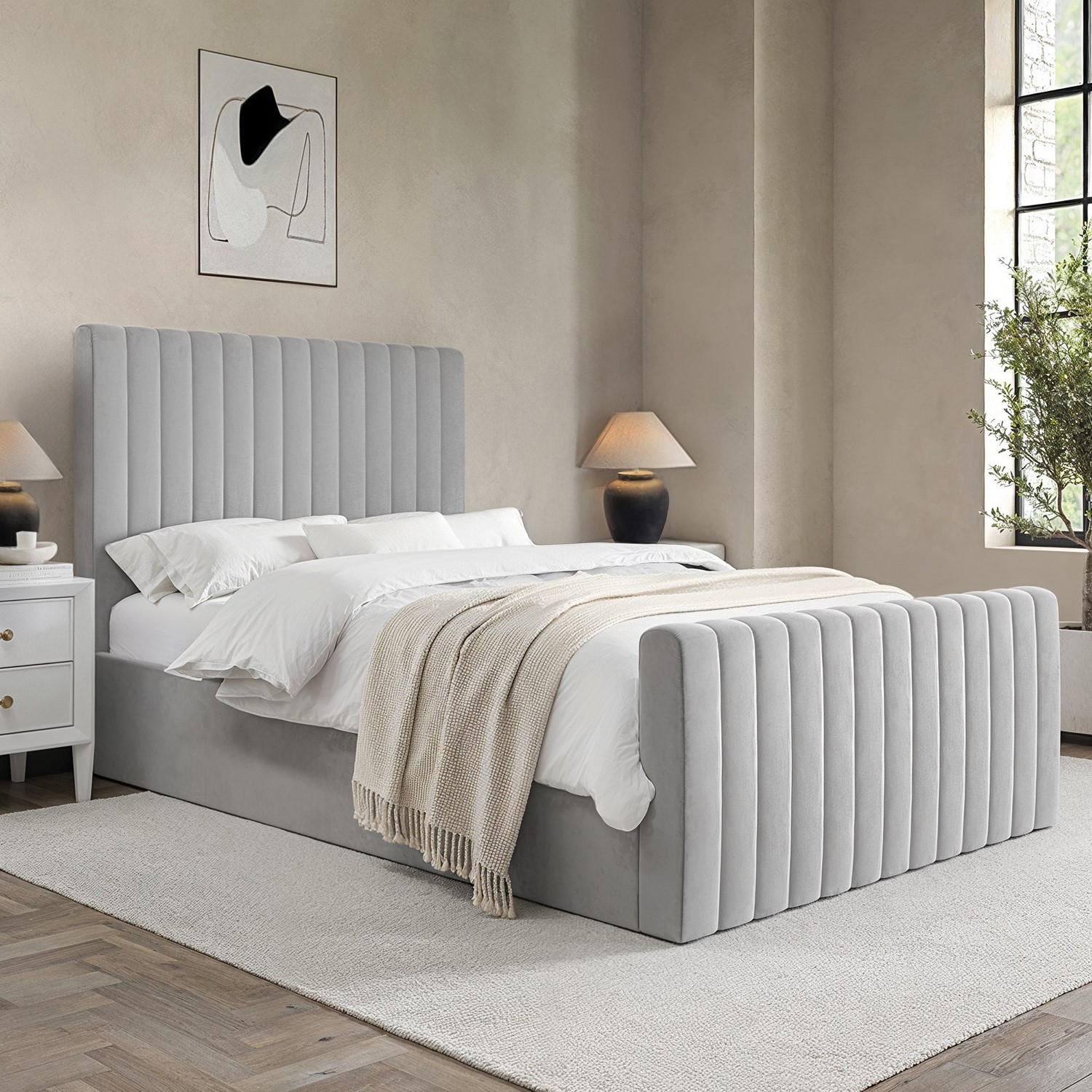 Khloe Grey Velvet Double Side-Lift Ottoman Bed