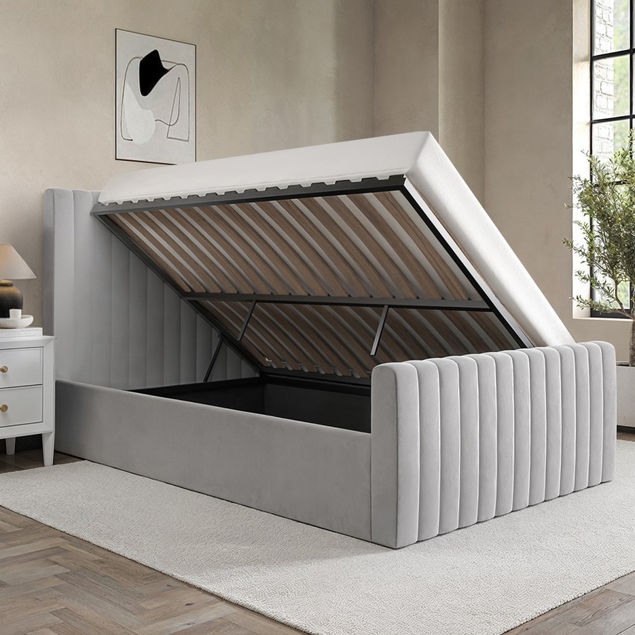 Grey Velvet Double Side-Lift Ottoman Bed - Khloe