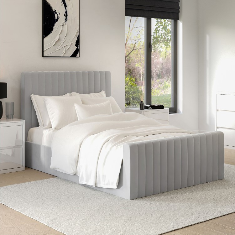 ALMOST PERFECT - Side Opening Grey Velvet Double Ottoman Bed - Khloe