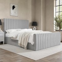 ONLY OPENED - Khloe King Size Side Ottoman Bed in Silver Grey Velvet ONLY OPENED - Khloe King Size Side Ottoman Bed in Silver Grey Velvet