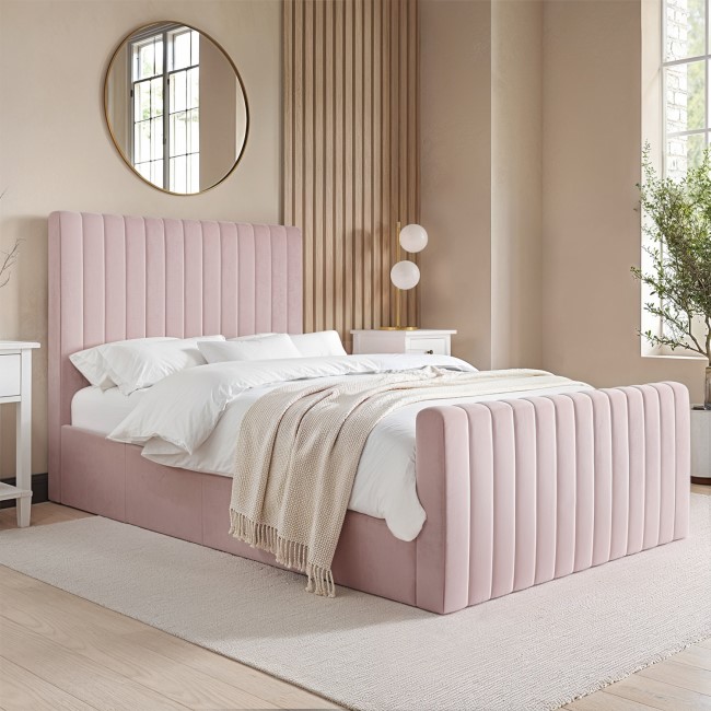 Side Opening Pink Velvet Double Ottoman Bed Khloe Furniture123