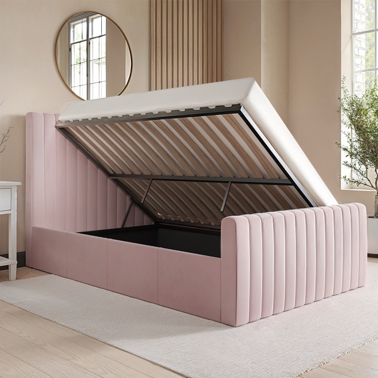 Pink Velvet Double Side-Lift Ottoman Bed - Khloe