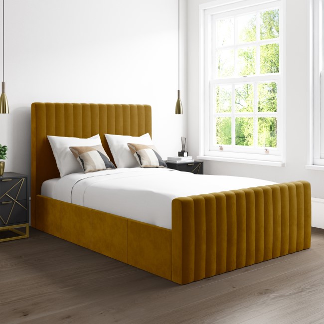 Side Opening Mustard Velvet Double Ottoman Bed - Khloe