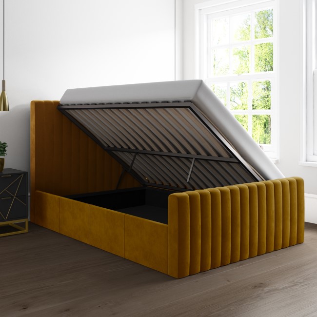 Side Opening Mustard Velvet Double Ottoman Bed - Khloe