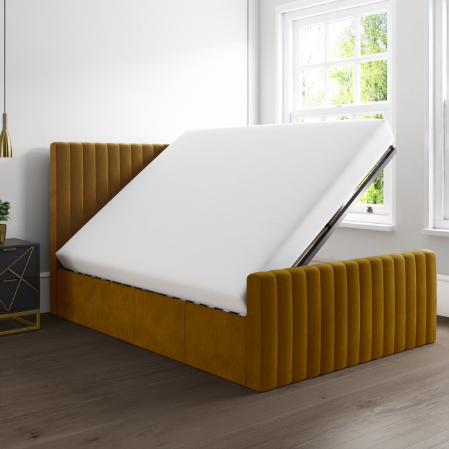 Side Opening Mustard Velvet Double Ottoman Bed - Khloe