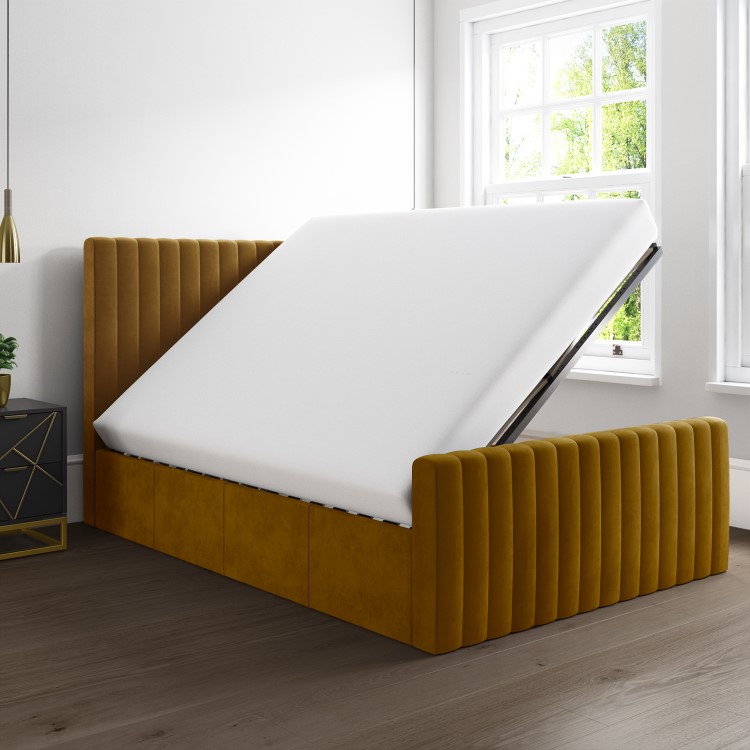 Side Opening Mustard Velvet King Size Ottoman Bed - Khloe