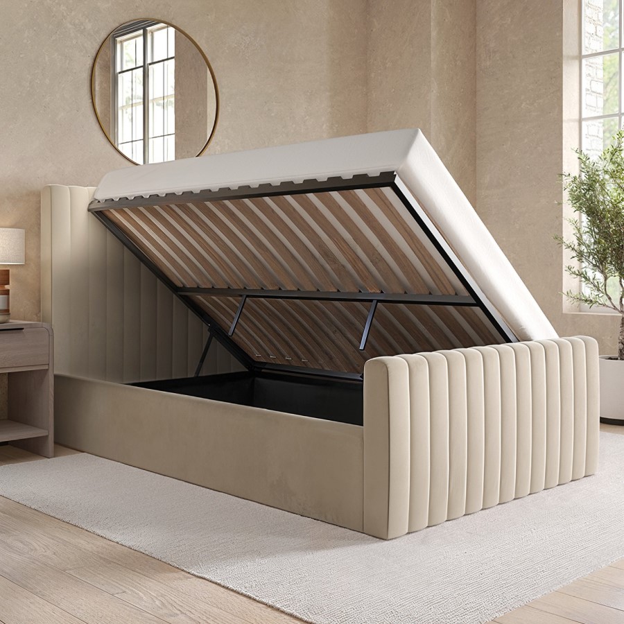 Beige Velvet Small Double Side-Lift Ottoman Bed - Khloe