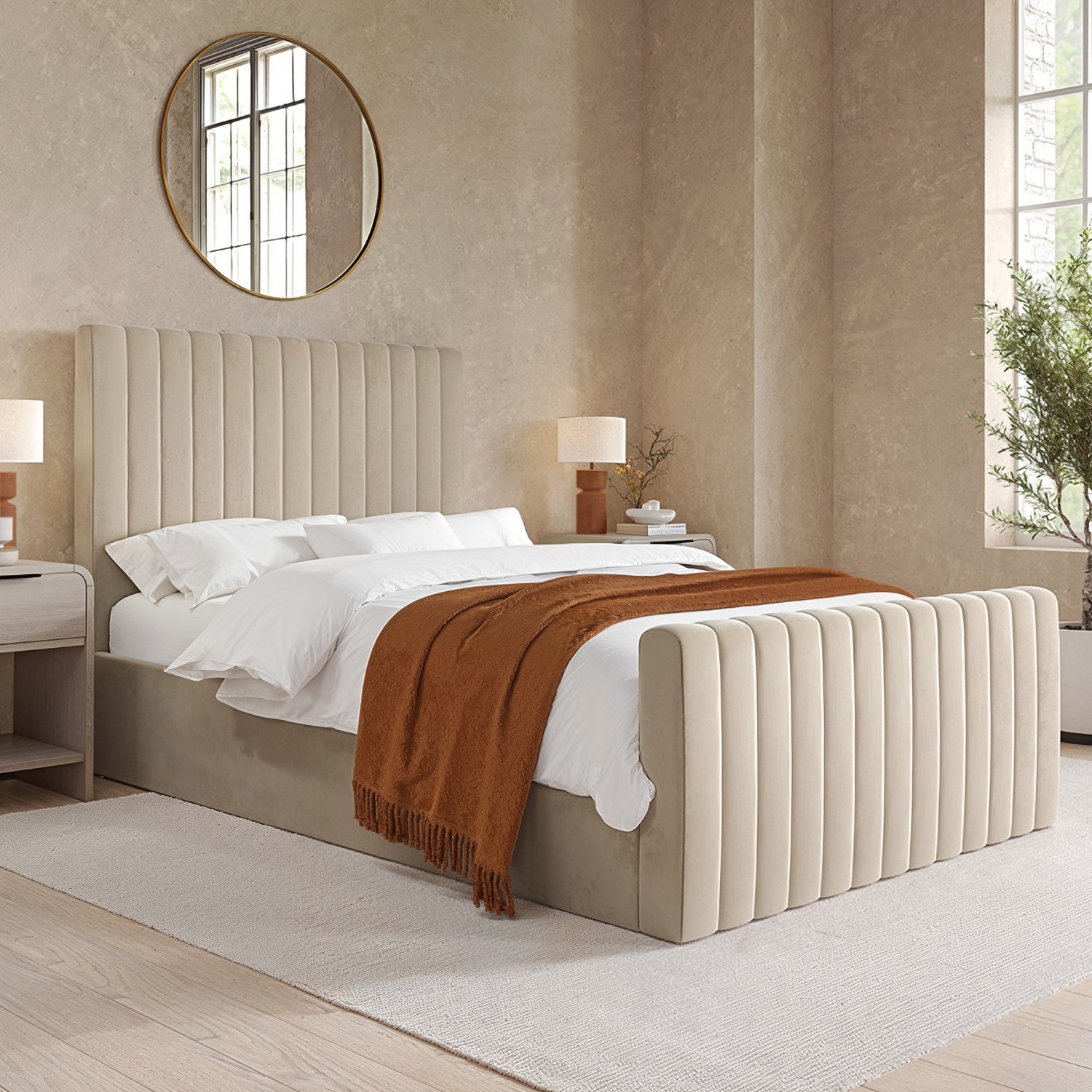 Khloe Beige Velvet Double Side-Lift Ottoman Bed