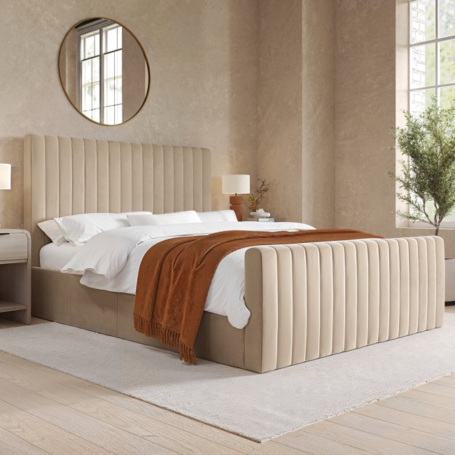 Beige Velvet King Size Side-Lift Ottoman Bed - Khloe