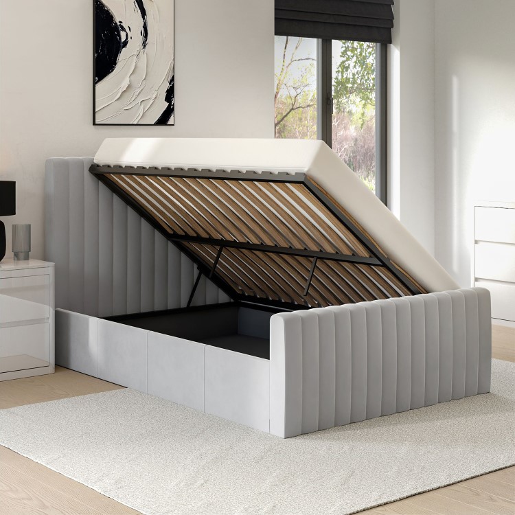 ALMOST PERFECT - Side Opening Grey Velvet Double Ottoman Bed - Khloe