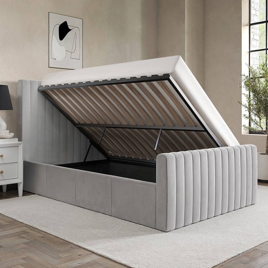 Grey Velvet Small Double Side-Lift Ottoman Bed - Khloe