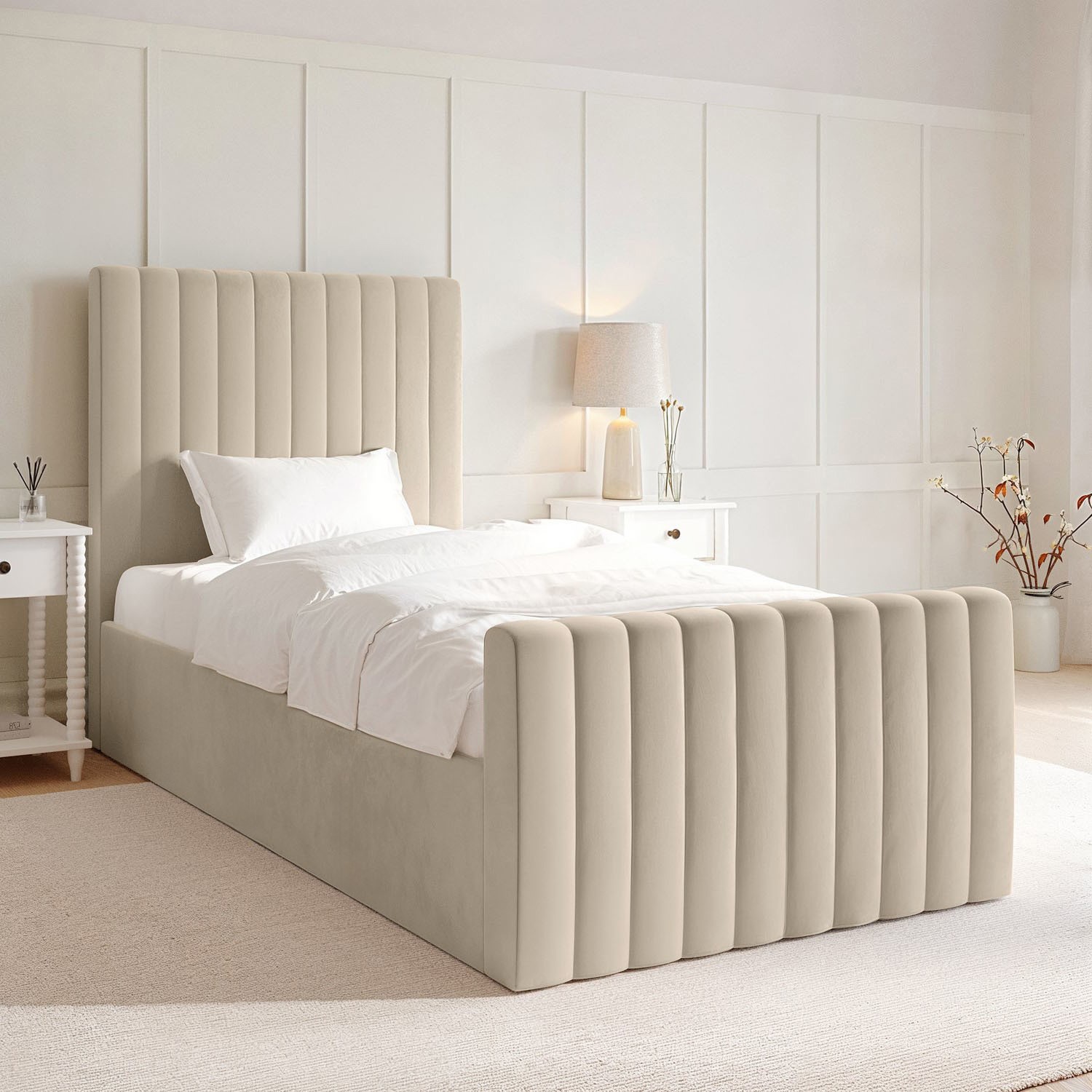 Khloe Beige Velvet Single Side-Lift Ottoman Bed