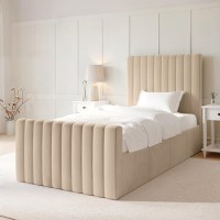 ONLY OPENED - Side Opening Beige Velvet Single Ottoman Bed - Khloe