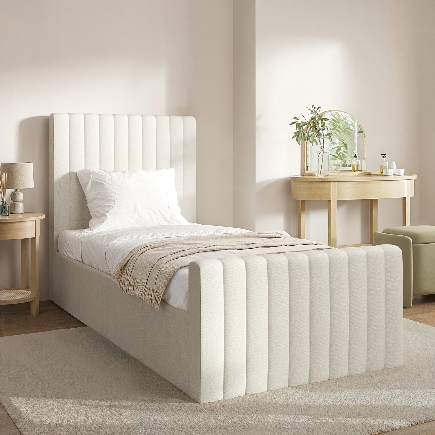 Khloe Cream Upholstered Single Side-Lift Ottoman Bed