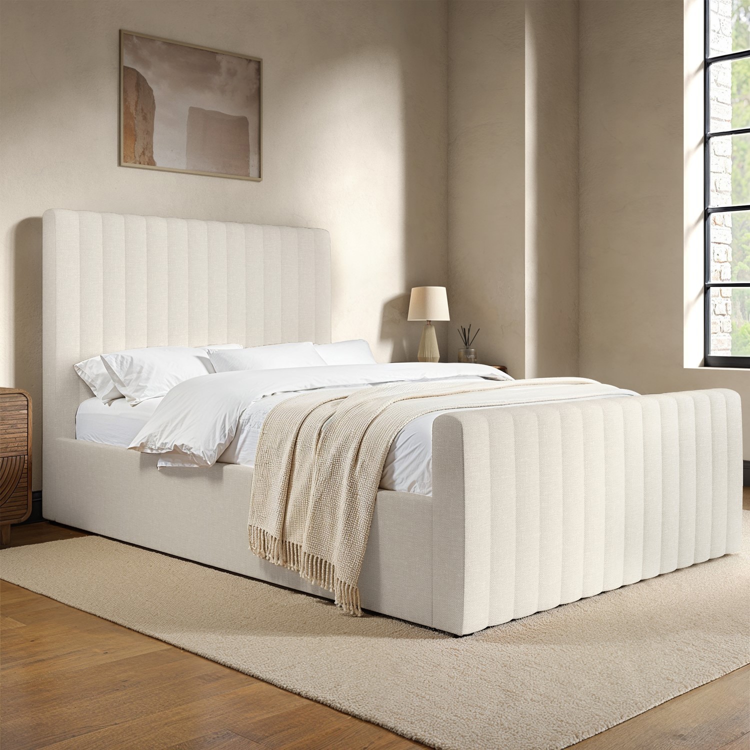 Khloe Cream Upholstered Small Double Side-Lift Ottoman Bed