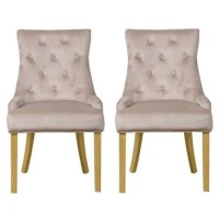 Kaylee Luxury Pair of Velvet Dining Chairs Beige with Oak Legs