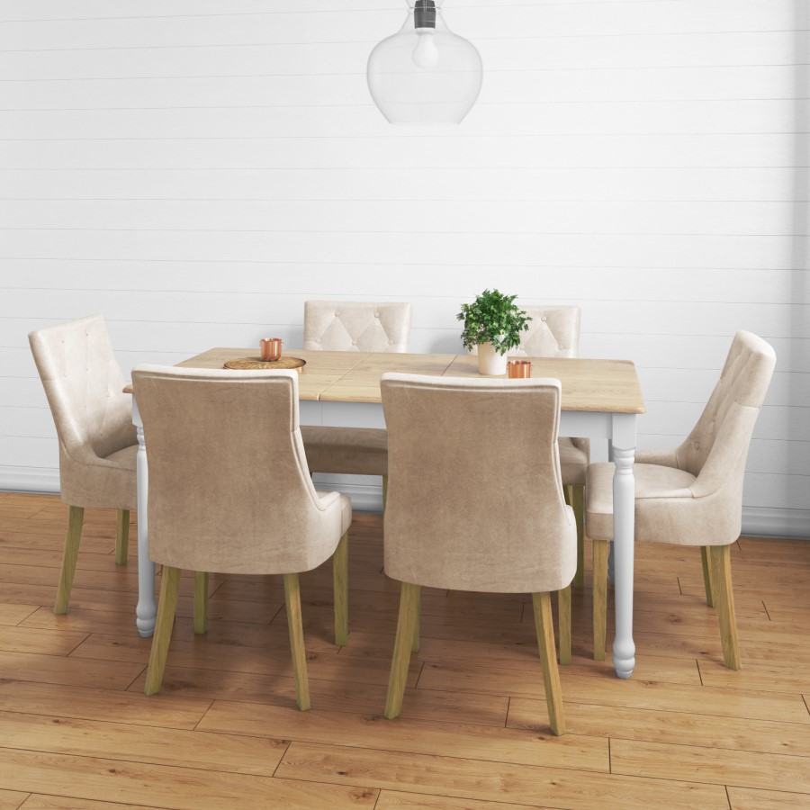 Kaylee Luxury Pair of Velvet Dining Chairs Beige with Oak Legs