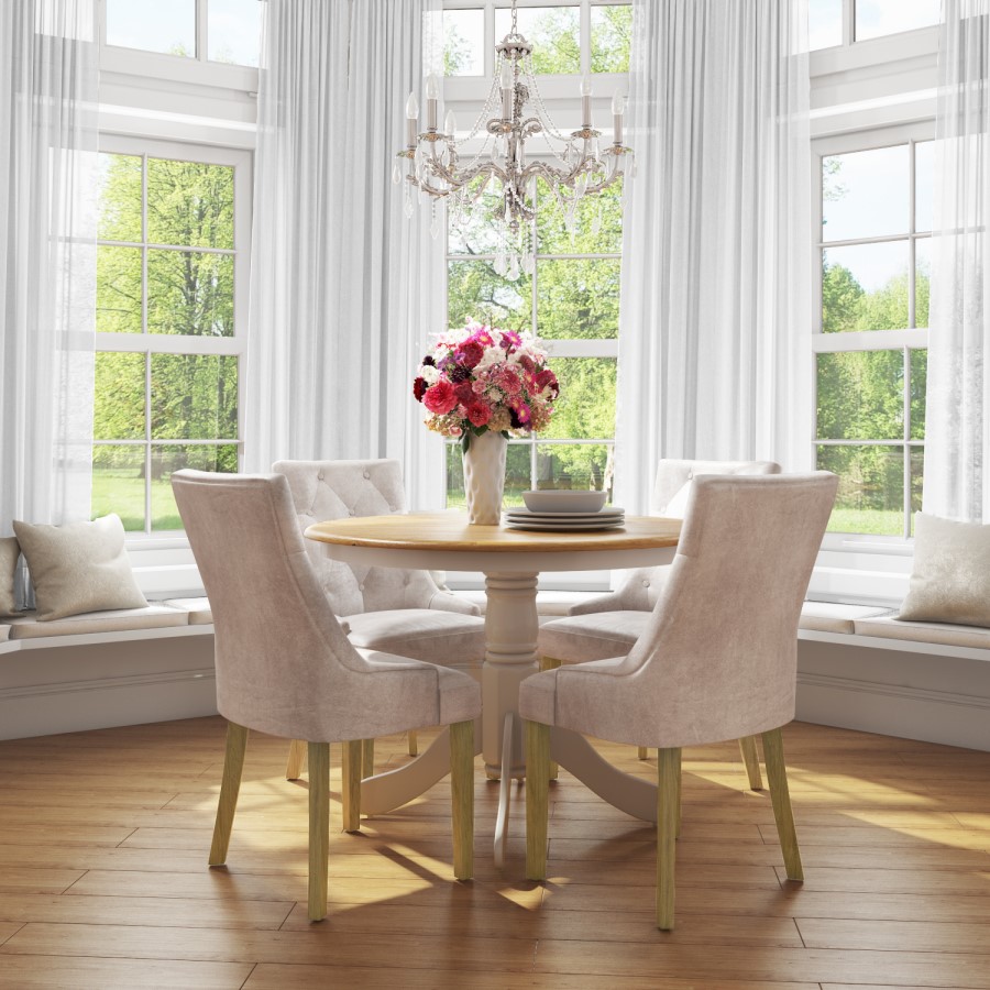 Kaylee Luxury Pair of Velvet Dining Chairs Beige with Oak Legs