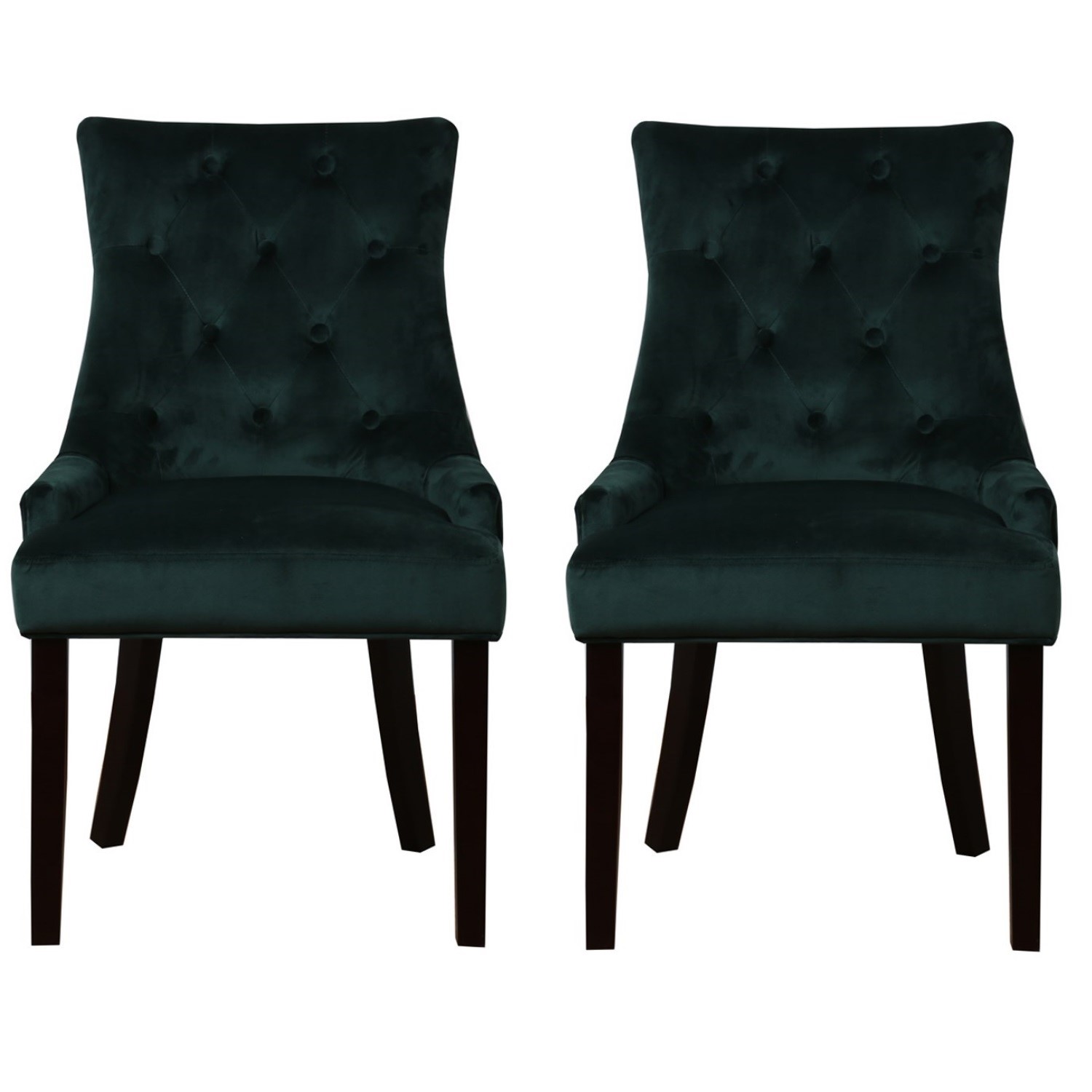 pair of buttoned green velvet dining chairs with black legs kaylee