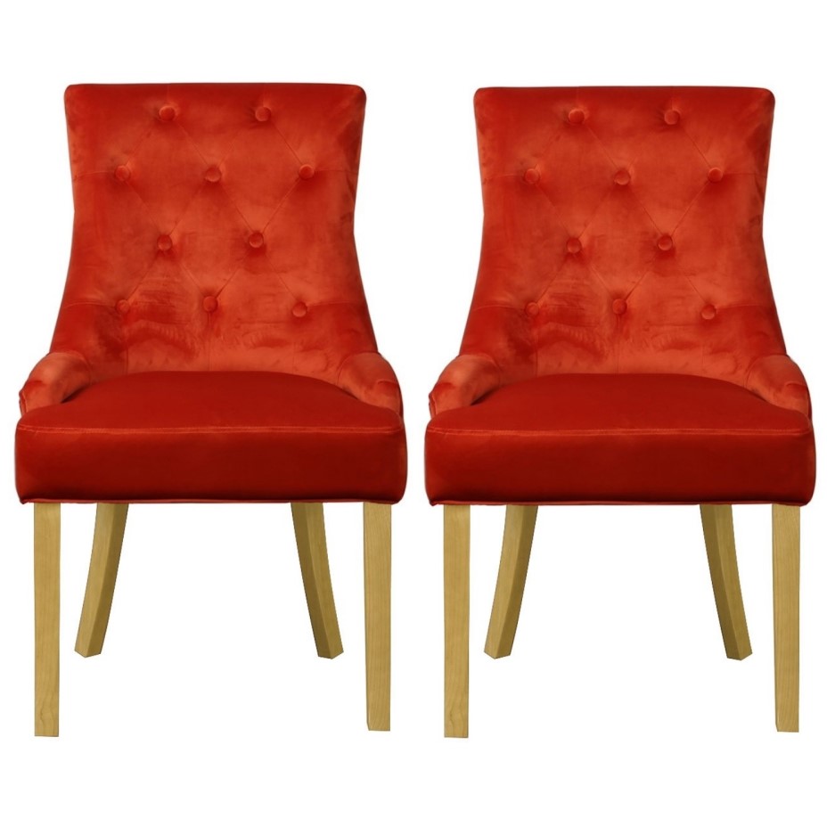 Pair of Orange Velvet Dining Chairs with Buttoned Back - Kaylee