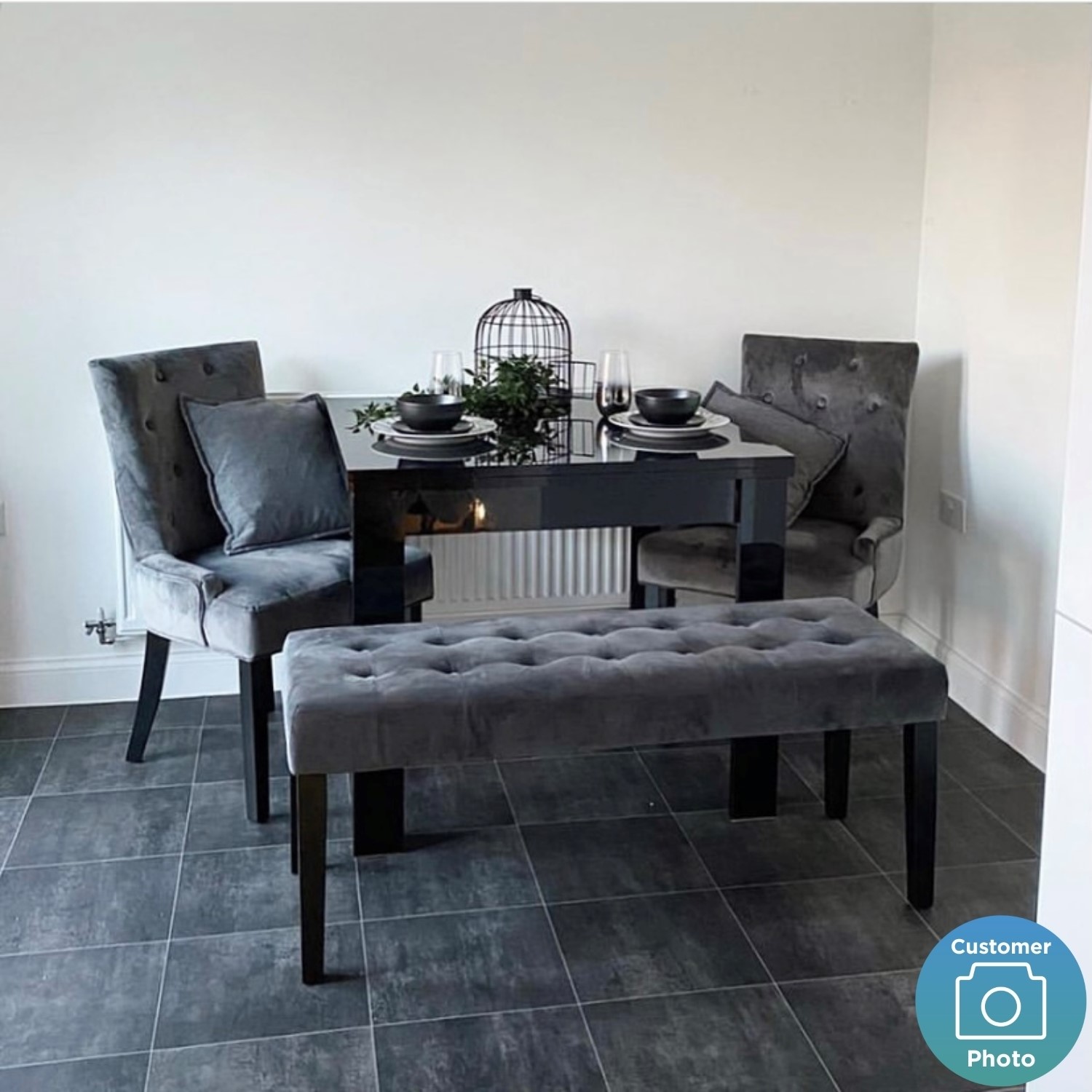 Kaylee Grey Velvet Dining Bench With Black Legs Furniture123