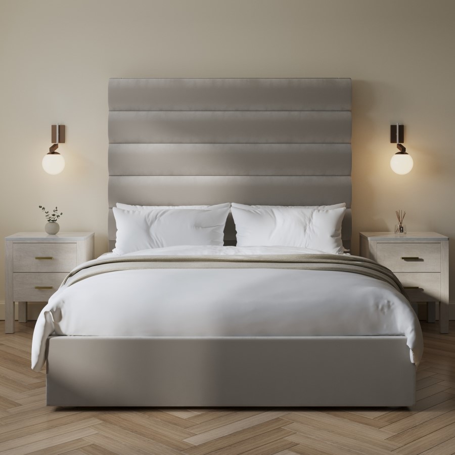 Mink Velvet King Size Ottoman Bed with Tall Cushioned Headboard - Kendall