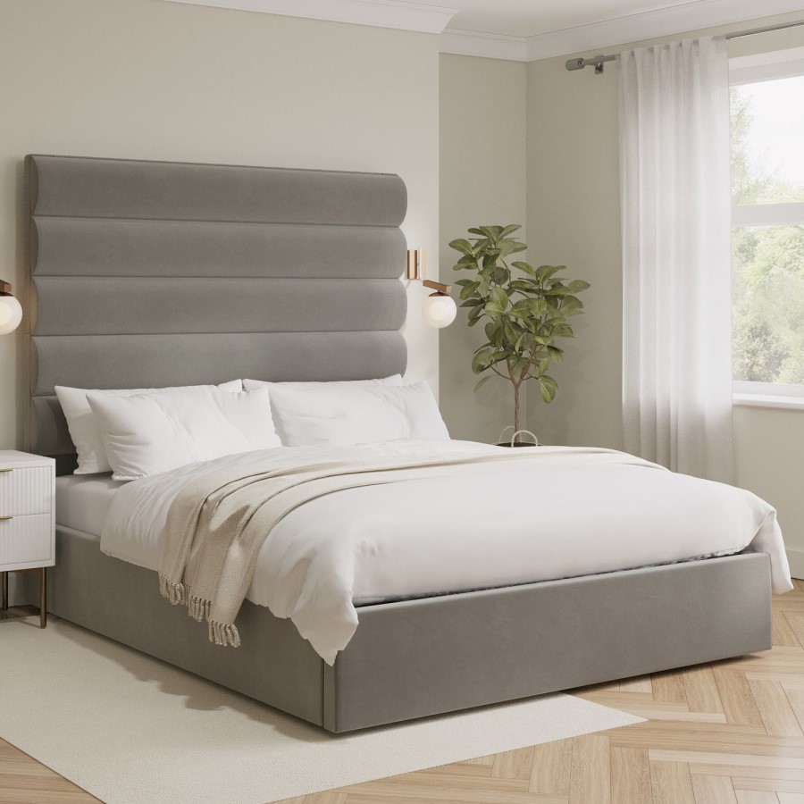 Mink Velvet King Size Ottoman Bed with Tall Cushioned Headboard - Kendall