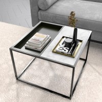 Square Grey Tray Coffee Table with White Marble Top - Modern
