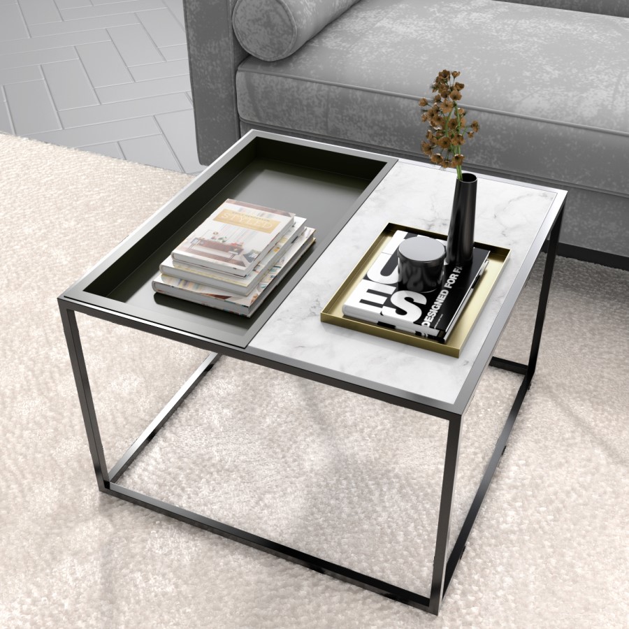 Square Grey Tray Coffee Table with White Marble Top - Modern