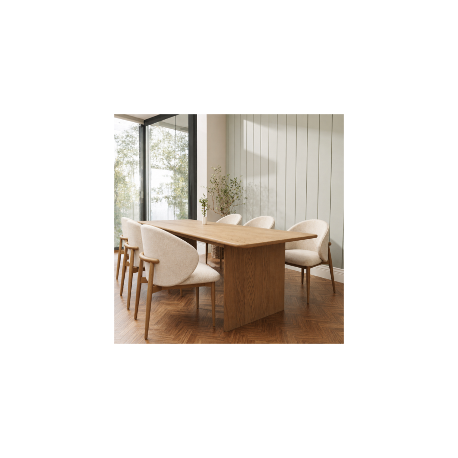 Beige Upholstered Curved Dining Chair With Solid Oak Exposed Back - Kori
