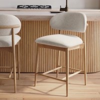 Beige Upholstered Curved Kitchen Stool With Solid Oak Exposed Back - Kori