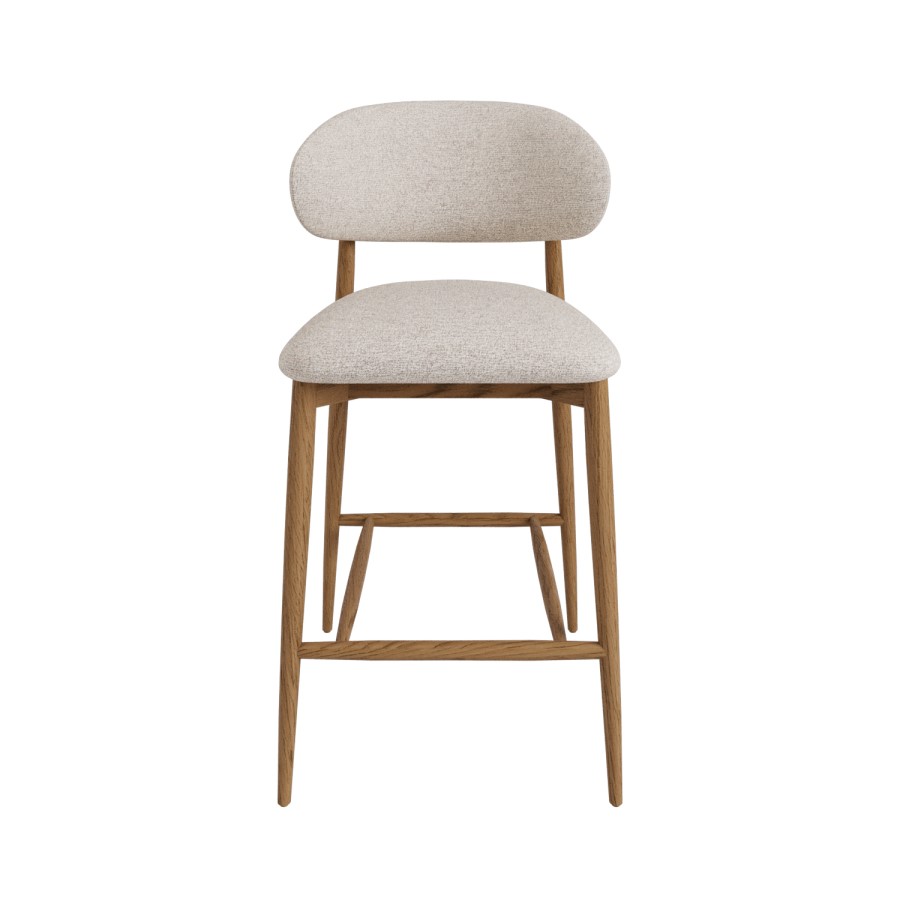 ONLY OPENED - Beige Upholstered Curved Kitchen Stool with Solid Rustic Oak Exposed Back - Kori